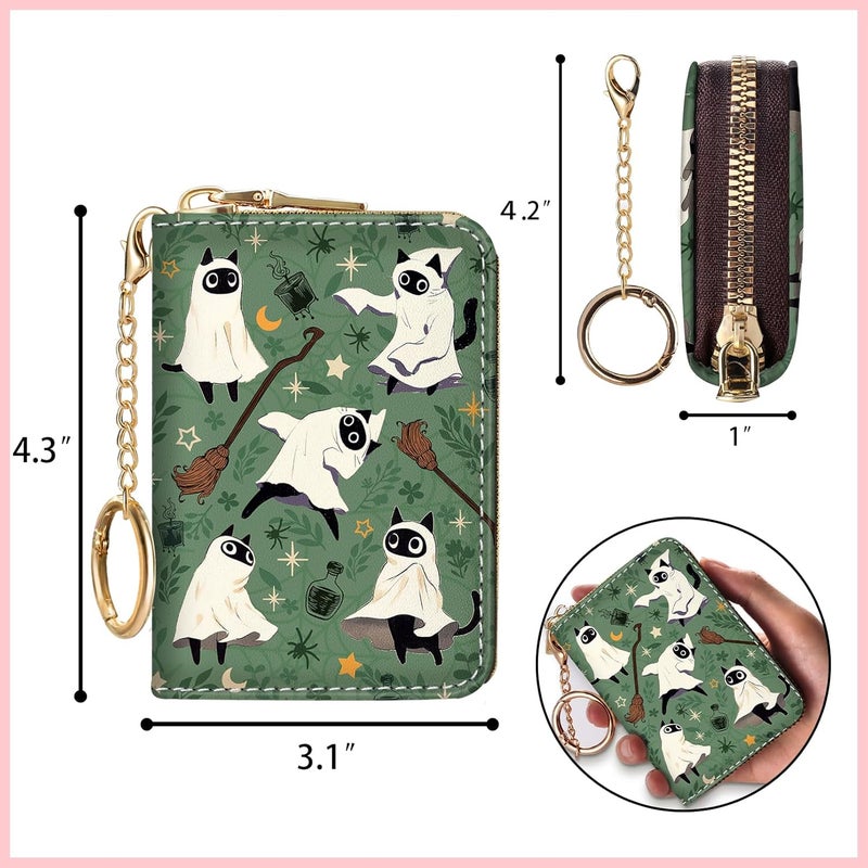 Blusabaca Halloween Spooky Cute Cat Credit Card Holder for Women, Witch Magic Small RFID Wallet, Zipper Keychain Wallet, Leather Card Case, RFID Blocking Accordion Wallet Holiday Gift - Image 4